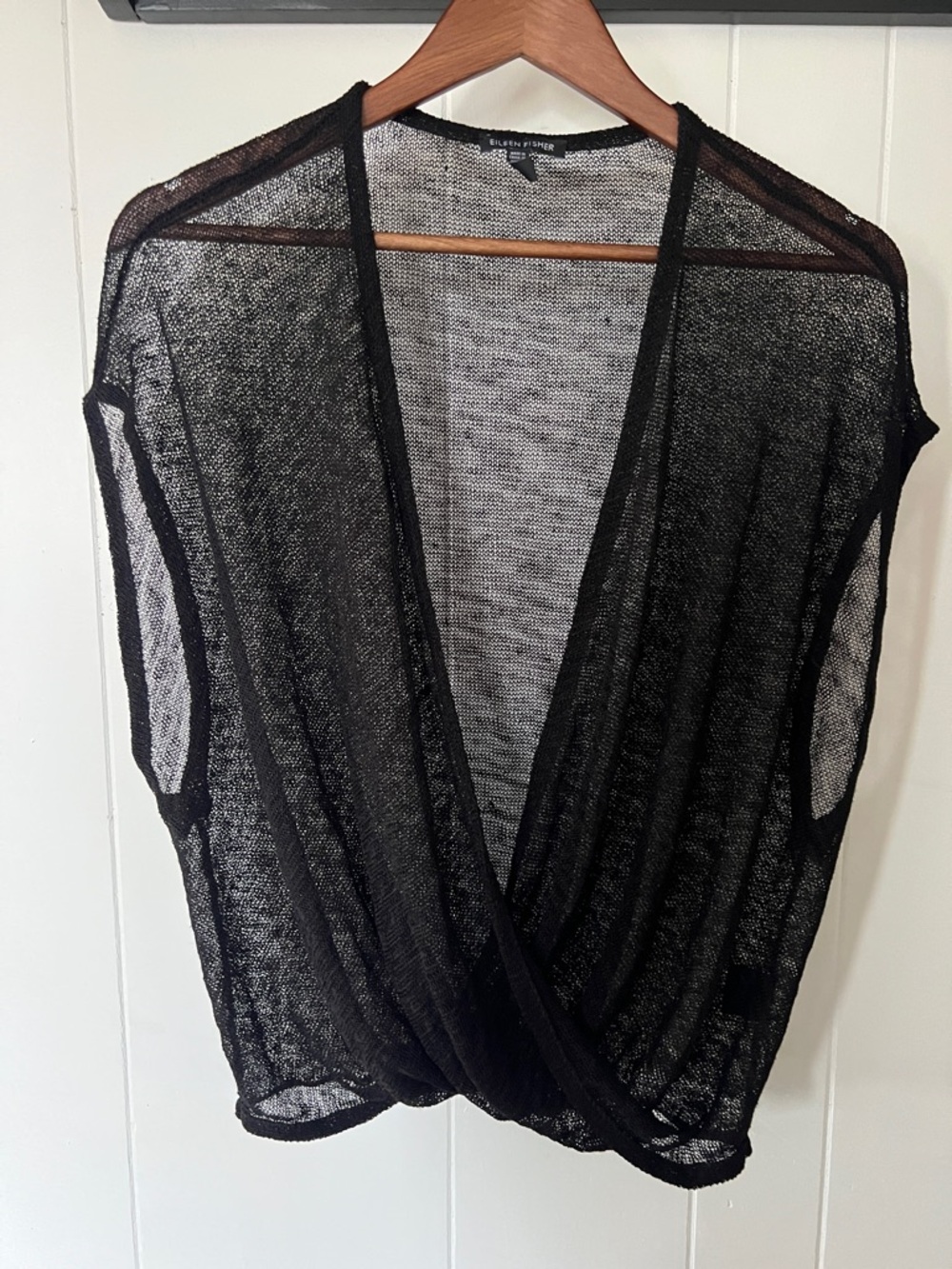 Eileen Fisher Black Sheer Linen Draped Wrap Cardigan Large
